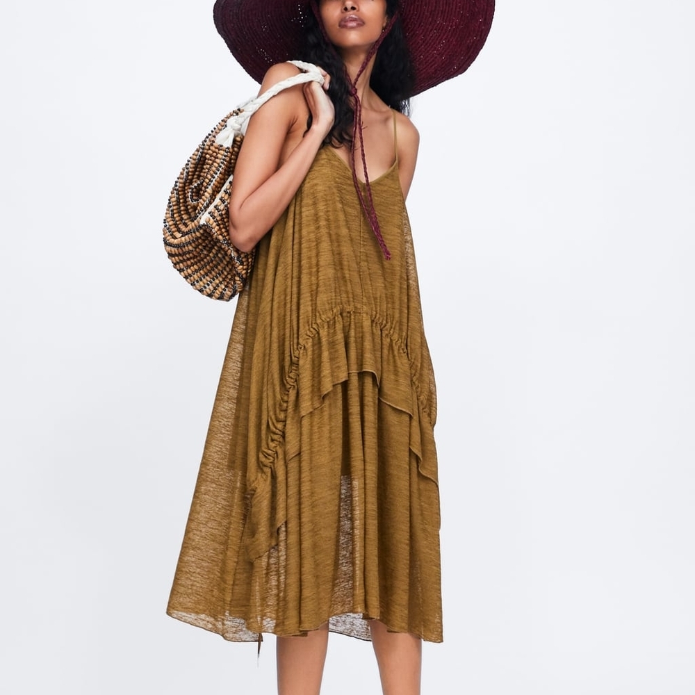 Zara Olive Brown Ruched Tiered Ruffle Spaghetti Strap Midi Dress Size Small